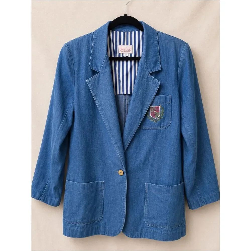 Anne Marie Women's Vintage Denim Long Blazer Size 12 Blue Embroidered Crest